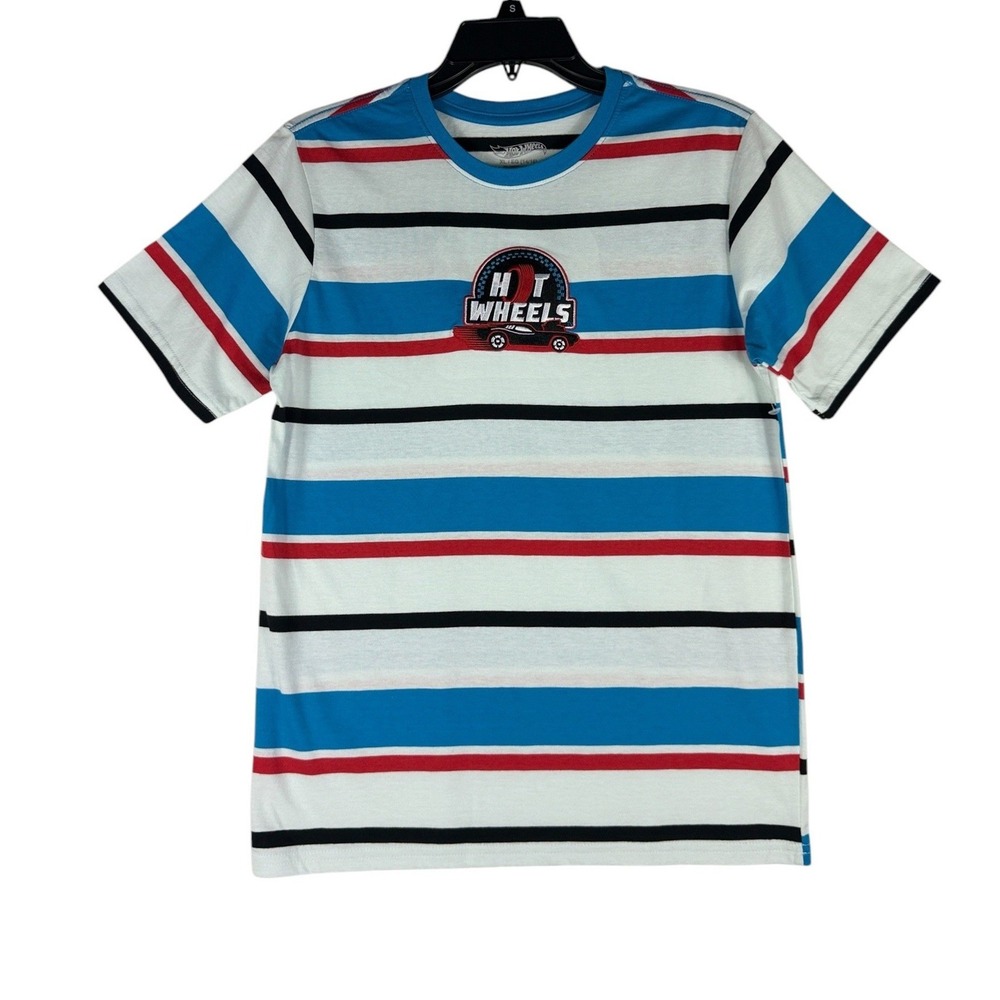 Hot Wheels Boys XL 14/16 Striped Graphic T-Shirt Blue Red White Embroidered Car